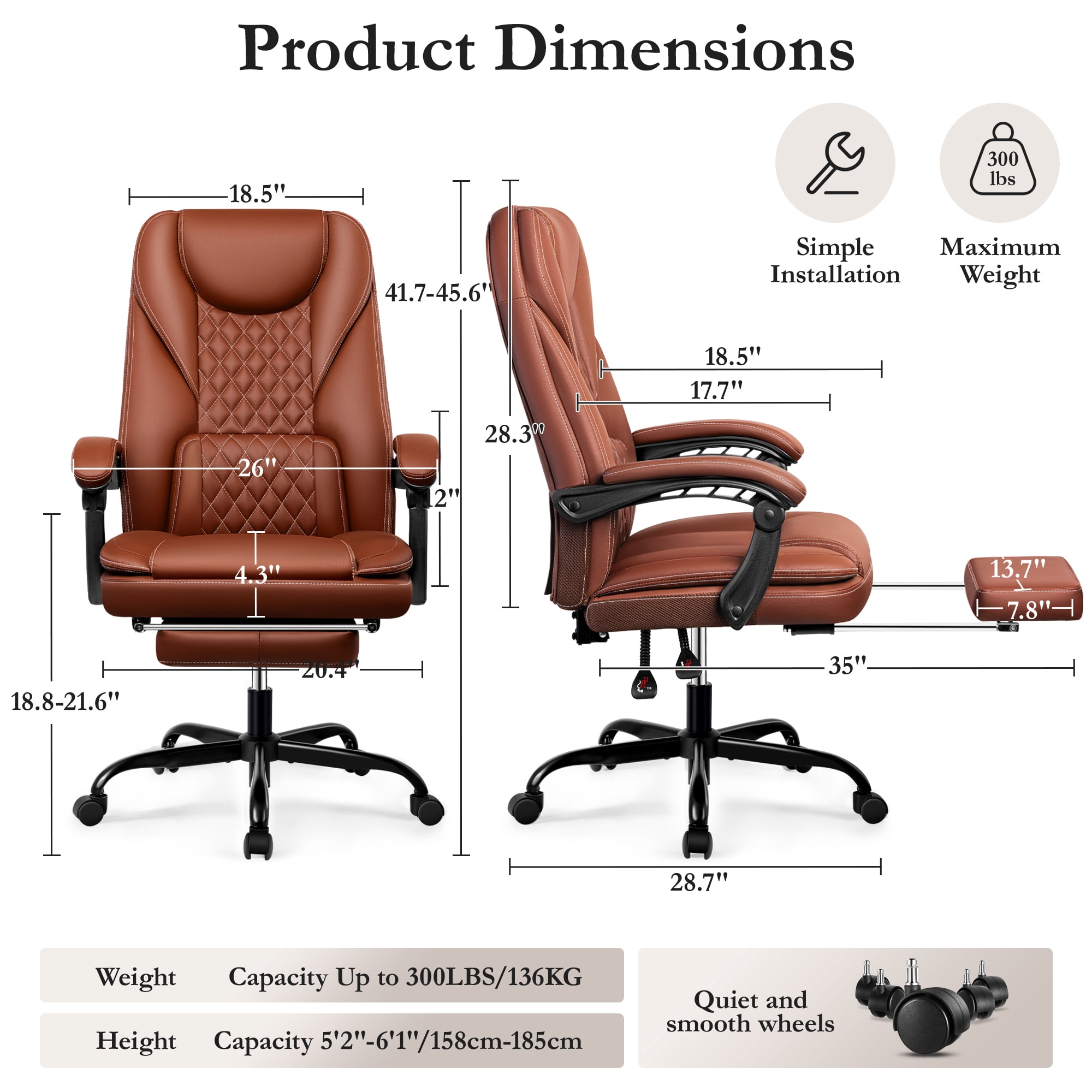 Primy Premium Executive Office Chair - Big & Tall PU Leather Reclining Chair with Footrest & Lumbar Support, 400lb Heavy Duty Ergonomic Computer Desk Chair for Home/Office, Brown