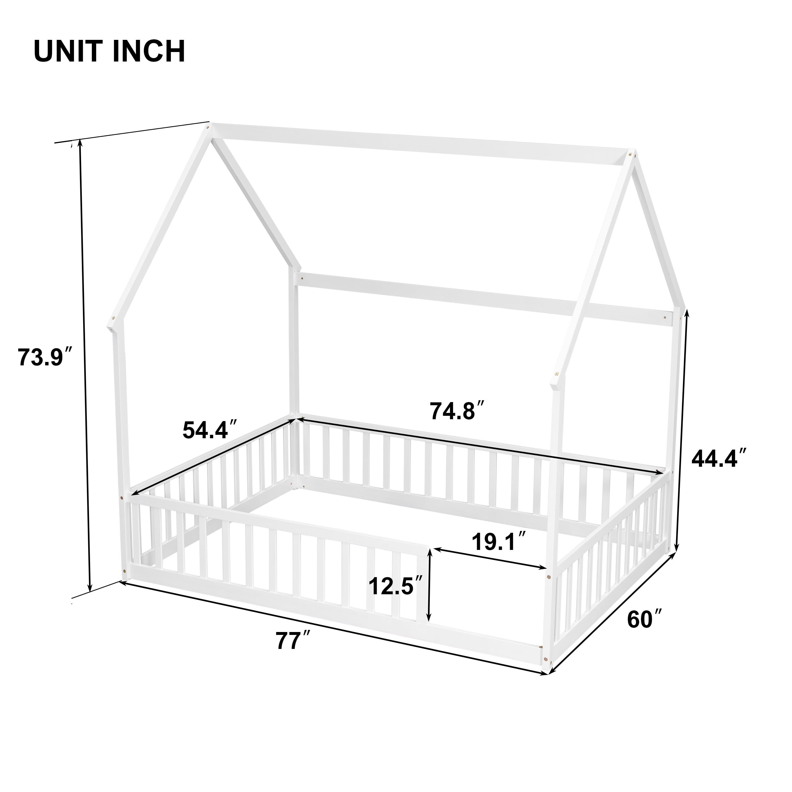 Miniyam Full Size Kids House Floor Bed with Fence, Wood Montessori Bed Frame, White
