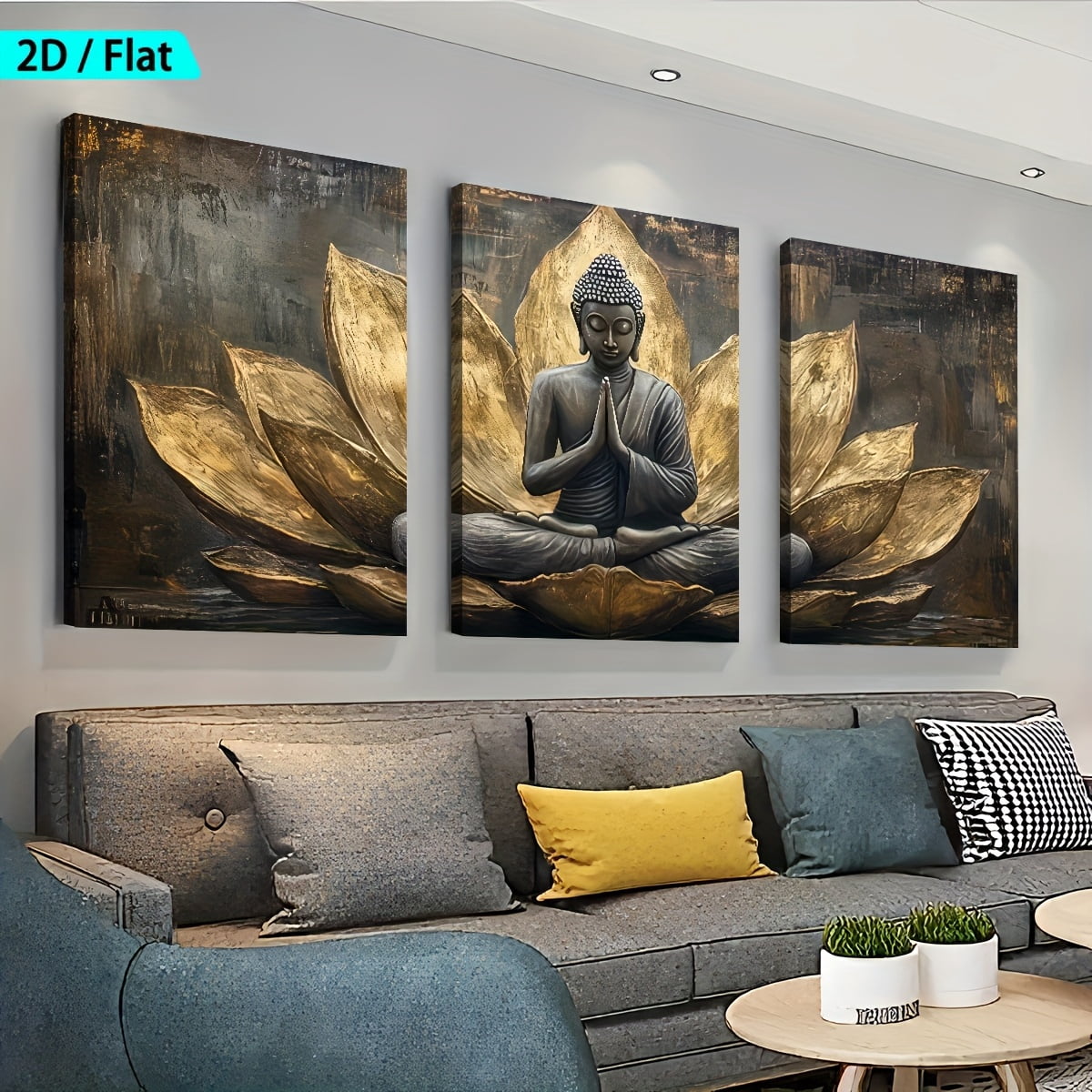 2D Flat, [2D/Flat Print] Framed Canvas Painting And Poster, Ready to Hanging, Retro Light Luxury Abstract Buddha Statue Faith Art, Home Decor, Wall Art, Room Decoration, Holiday Gift, Living Room