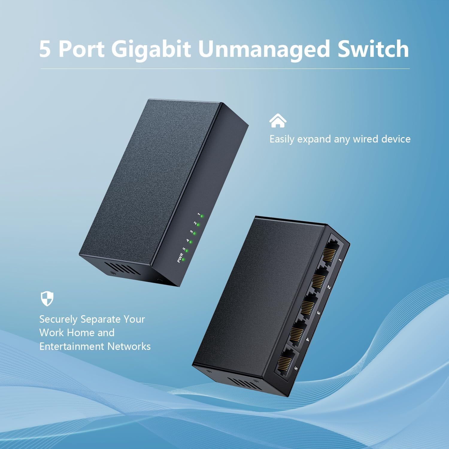 5-Port Gigabit Ethernet Switch, Unmanaged Home Network Switch Hub, Ethernet Splitter | Auto-Sensing Ports | Plug-and-Play | Silent Operation | Black Metal Case | Limited Lifetime Protection