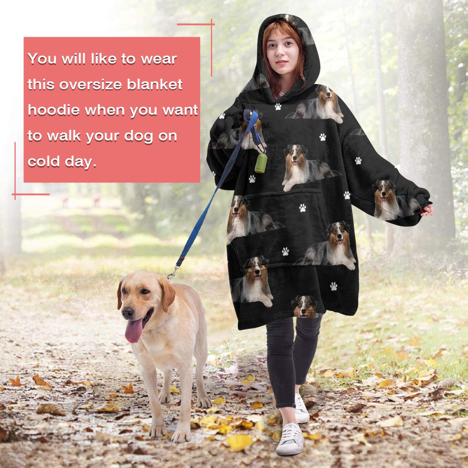 Australian Shepherd Dog and Footprints Wearable Oversized Blanket,Wearable Blanket Hoodie for Adults,Cozy Hooded Blankets with Super Pockets,Super Warm Fuzzy Pullover for Women & Men