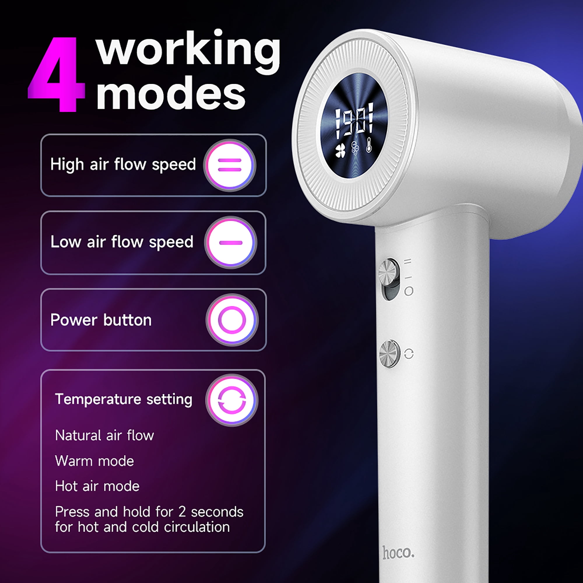HOCO High-speed Negative Ion Hair Dryer 2 speeds /4 temperatures with Smooth Air Nozzle Digital Display Fast Drying for Home Salon Travel（Black)
