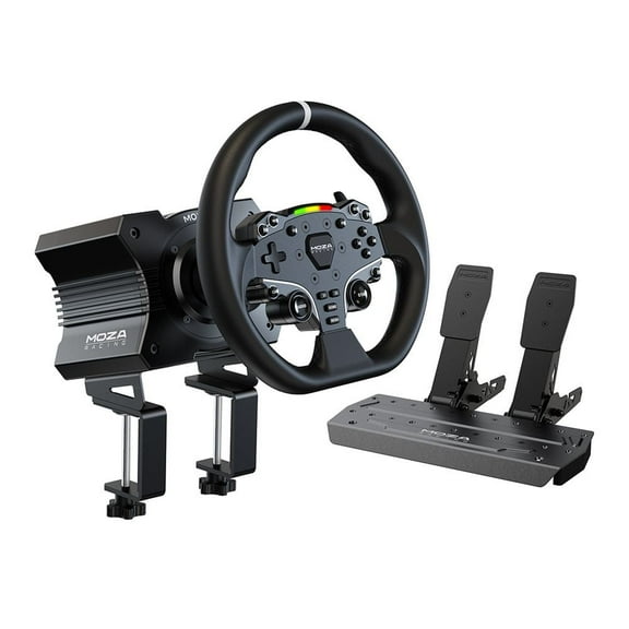 Open Box MOZA R5 All-in-One PC Gaming Racing Simulator 4PCS Bundle: 5.5Nm Direct Drive Wheel Base, 11-inch Racing Wheel, Anti-Slip Pedals and a Desk Clamp, Cloud-based App Control [Windows/PC]