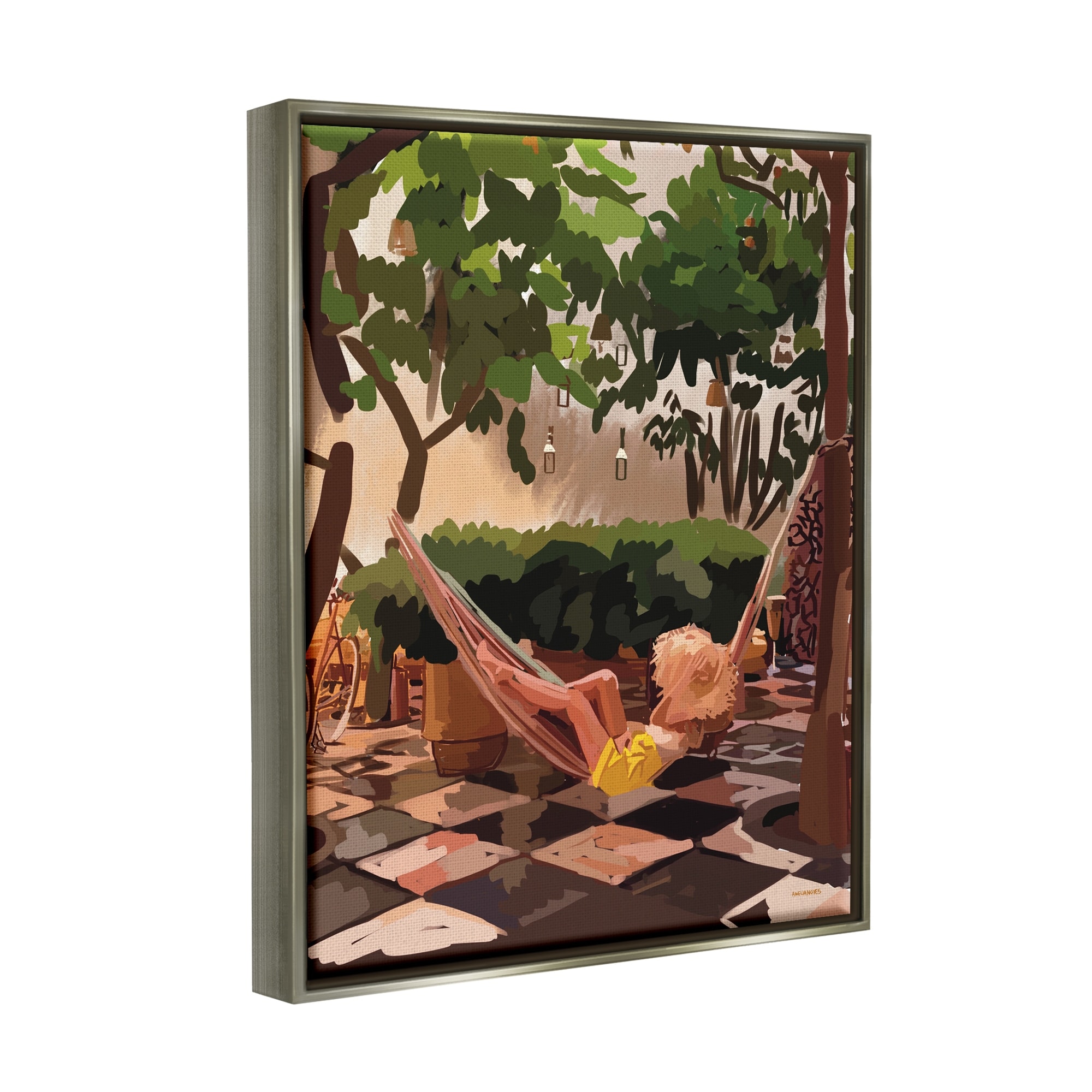Stupell Industries Woman Lounging Hammock Tropical Summer Vacation Scenery Graphic Art Luster Gray Floating Framed Canvas Print Wall Art, Design by Amelia Noyes