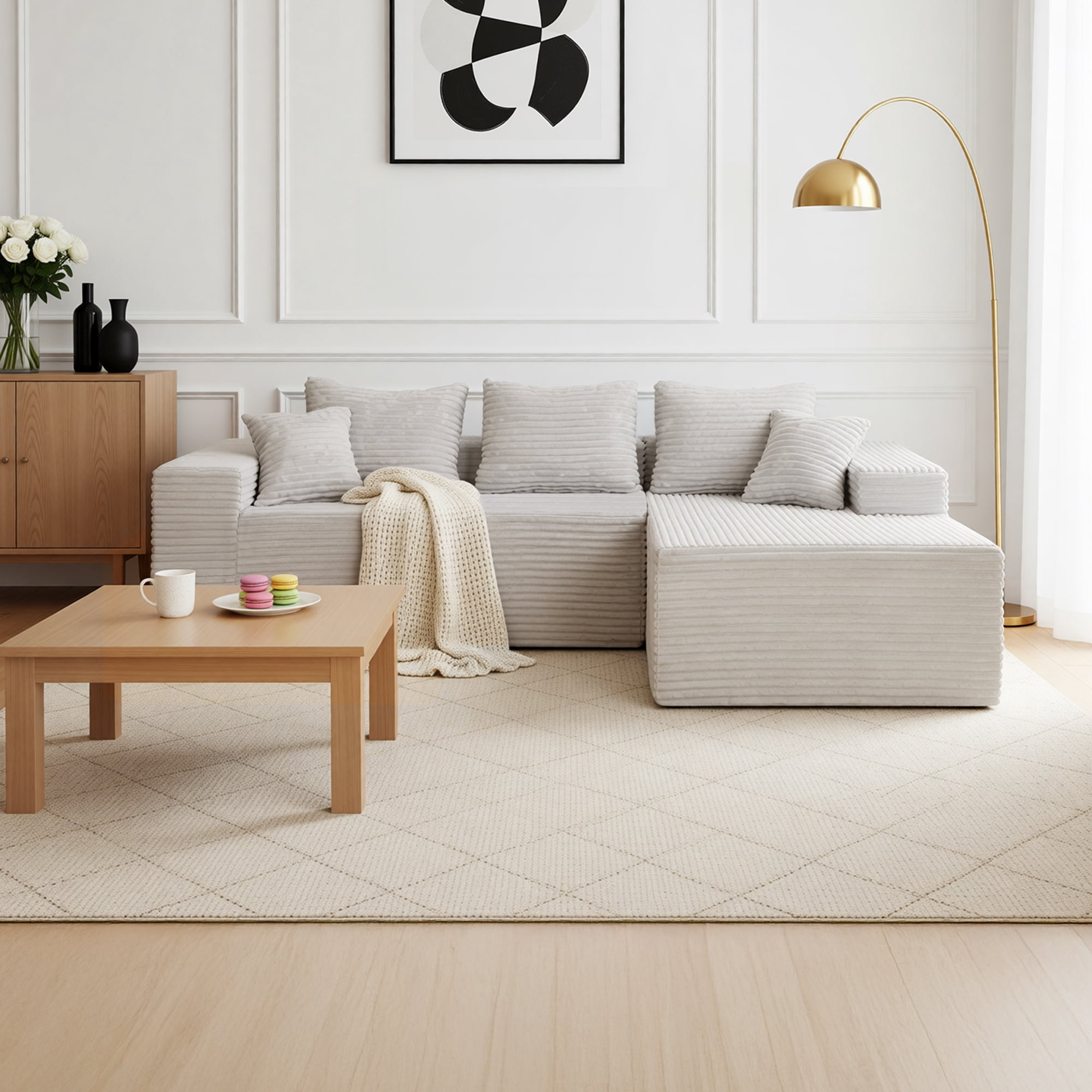 94" Boneless Sectional Sofa with Lounge, L-Shape Living Room Cloud Modular Convertible Sleeper Sofa, Corduroy Couch Deep Seat Sleeper Set,Bedroom Reversible Sofa W/Pillows,Beige,Right