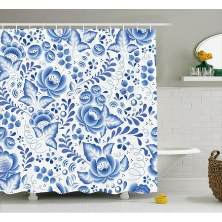 Vintage Blue Shower Curtain Chinese Style Traditional Motif Fl Vintage Blue Shower Curtain Chinese Style Traditional Motif Fl Pattern With Berries Leaves Fabric