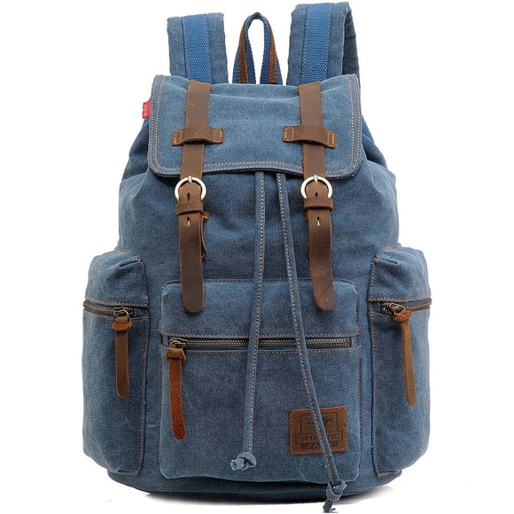 Mochila HuaChen Vintage de lona con detalles en piel azul