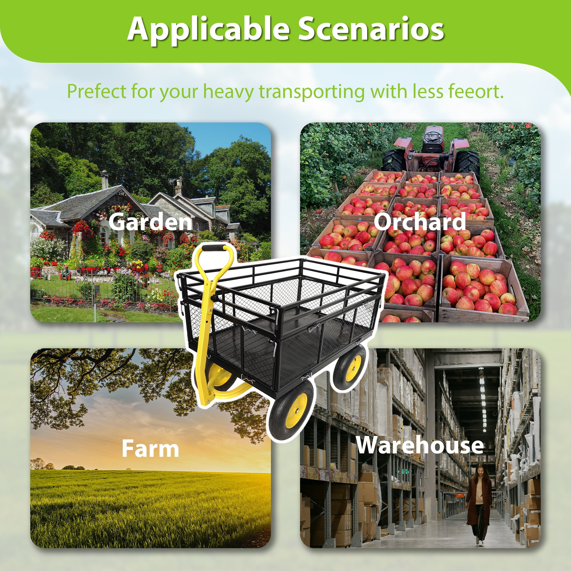 Heavy Duty Steel Garden Cart, 1400 lbs Capacity Utility Wagon, Removable Mesh Sides Convertible to Flatbed, 2-in-1 Handle & 16" Rubber Tires for Garden Farm Yard