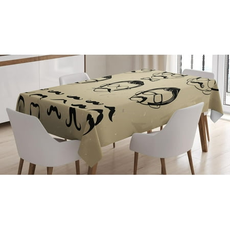 Geek Tablecloth, Male Face Silhouettes Showing Types of Moustaches and Haircuts Image, Rectangular Table Cover for Dining Room Kitchen, 60 X 84 Inches, Eggshell Beige and Black, by
