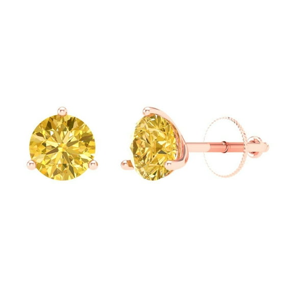 2 ct Screw-Back Stud Earrings for Women | 6.5mm Round Cut Simulated Yellow Diamond | 18K Rose Gold