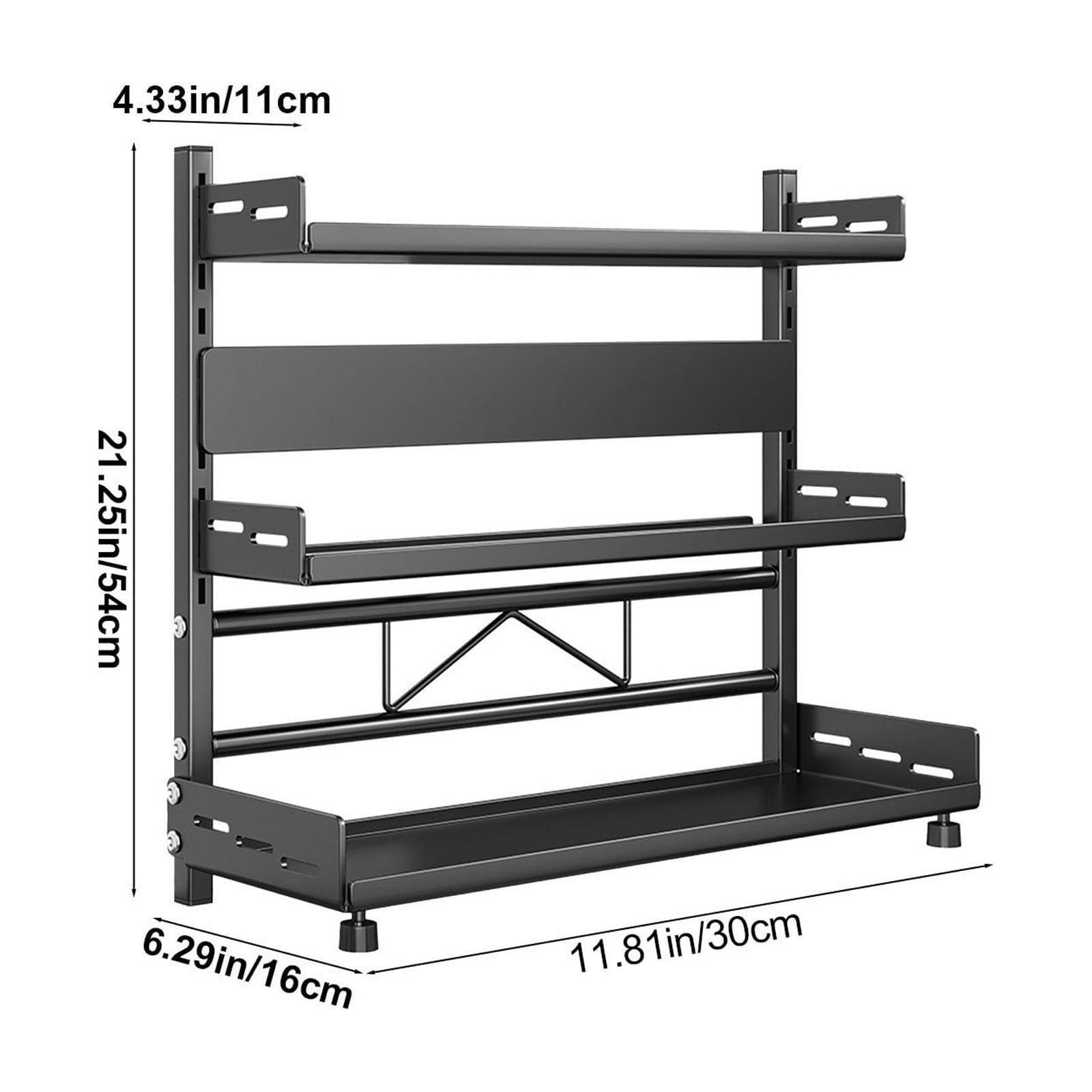 3-Tier Carbon Steel Spice Rack Organizer | Kitchen & Bathroom Countertop Storage Shelf | No Drill Wall Mount | 40x16x54cm Counter Organizer