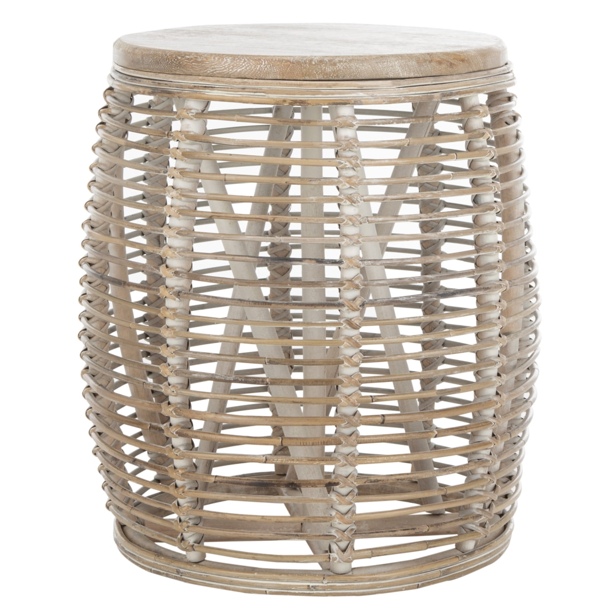 SAFAVIEH Maui Nautical Rattan Round Drum Stool Table, Grey White Wash