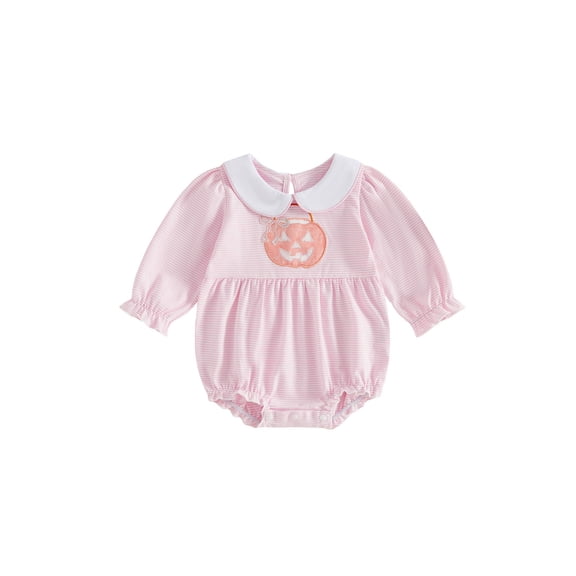 RUINIXCW Baby Girls Halloween Romper Adorable Pumpkin Applique Embroidery Long Sleeve Doll Collar Striped Jumpsuit