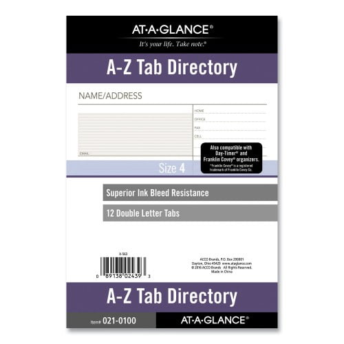 Telephone/Address 1/12-Cut A-Z Tab Refill for Planners/Organizers, 8.5 x 5.5, White Sheets, Undated Telephone/Address 1/12-Cut A-Z Tab Refill for Planners/Organizers, 8.5 x 5.5, White Sheets, Undated