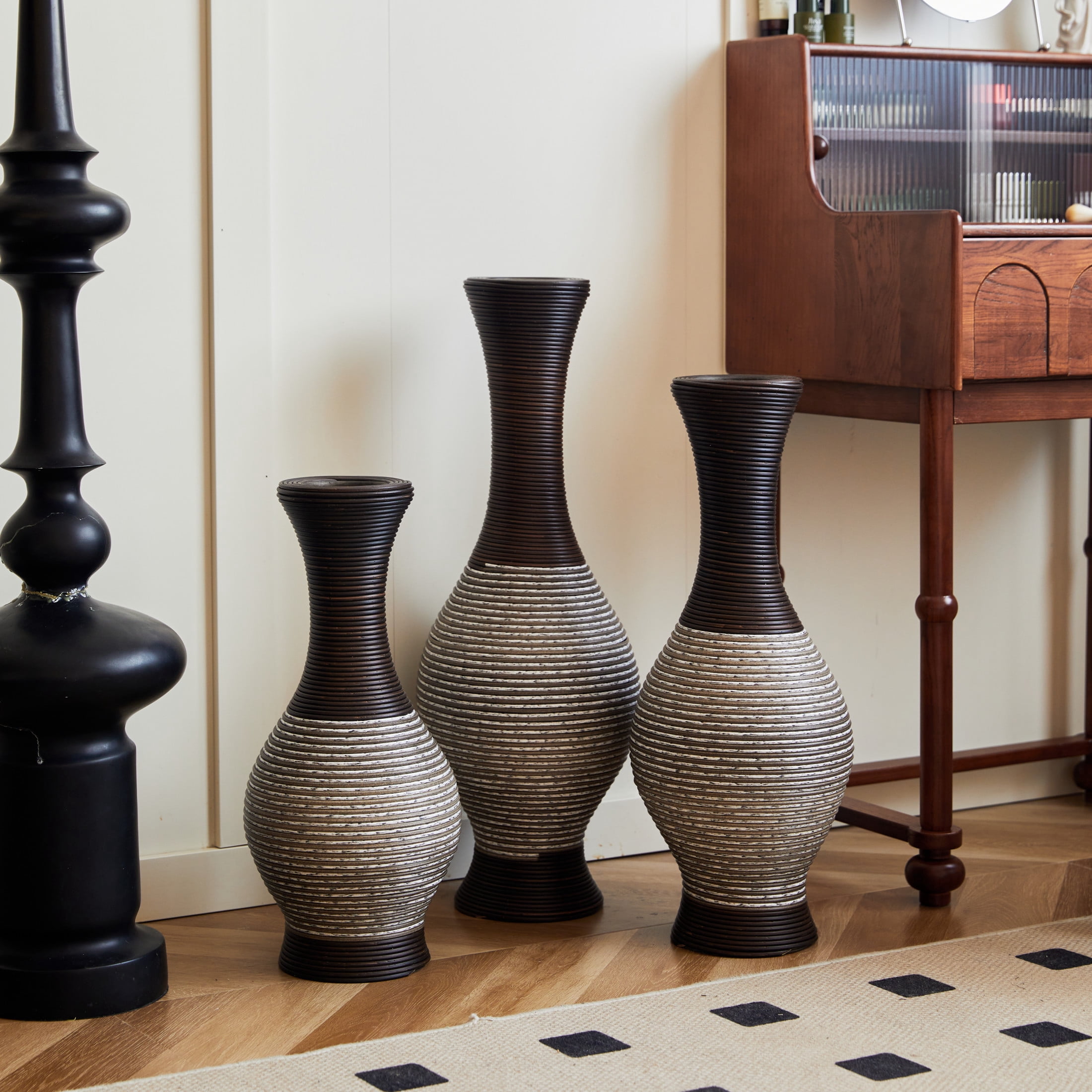 Noble House Set of 3 PVC Floor Vases, Decorative Vases with Textured Design, Brown + White