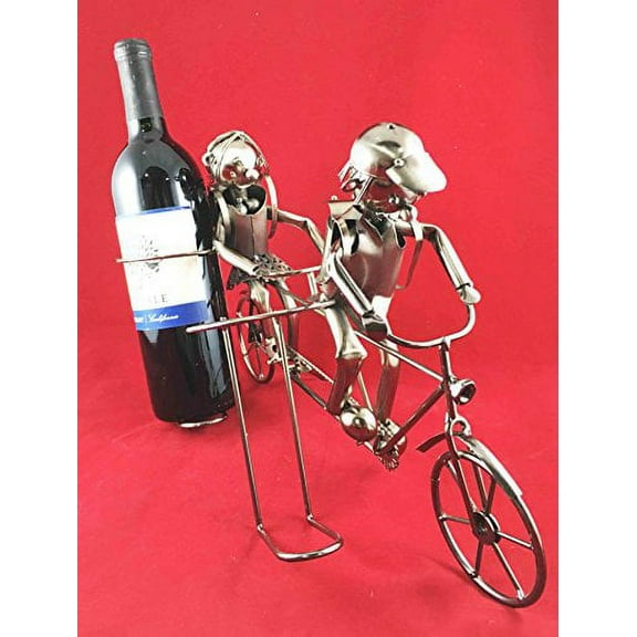 School Children On Tandem Bicycle Hand Made Metal Two Wine Bottle Holder Caddy