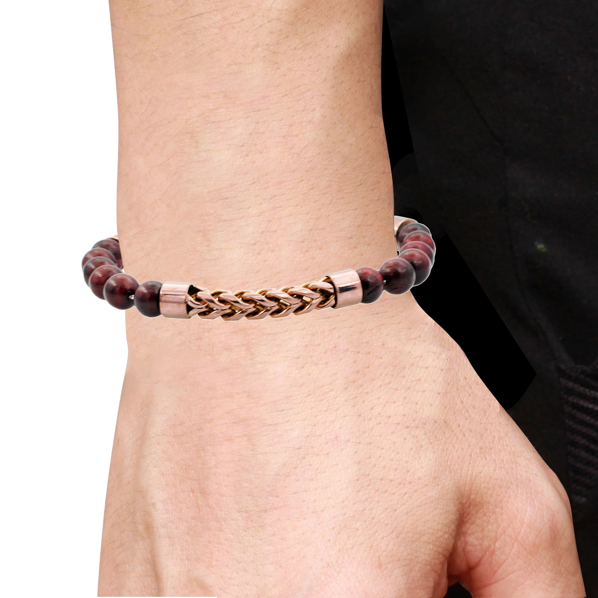 Arista Genuine Red Tiger Eye Men's Bracelet with Adjustable Clasp in Chocolate Plated Stainless Steel Beaded And Franco Link Chain, 8.5"