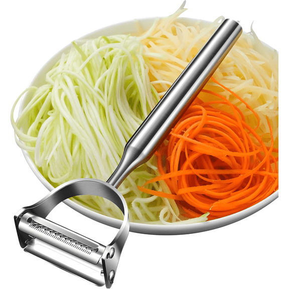 XBQUSVI 2 in 1 Julienne Peeler for Potato & Vegetables, Stainless Steel Multi-Function Peeler with Serrated Blade for Julienne & Straight Blade for Peeling, Silver