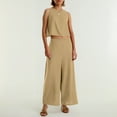 thumbnail image 4 of Conjunto de dos piezas de lino de color liso para mujer: top corto sin mangas con botones y pantalones de pierna ancha, tejido transpirable para el verano, 4 of 8
