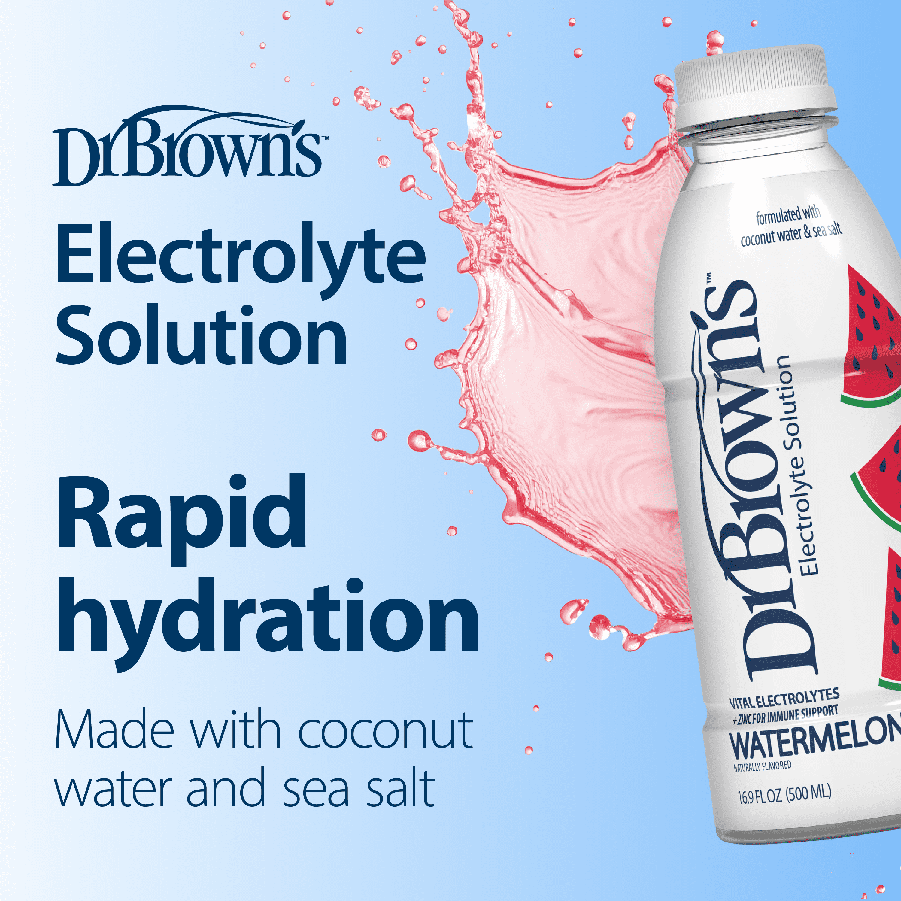 (4 pack) Dr. Brown's Electrolyte Solution with Coconut Water and Sea Salt, 16.9 fl oz/500 ml, Watermelon, 1-pack