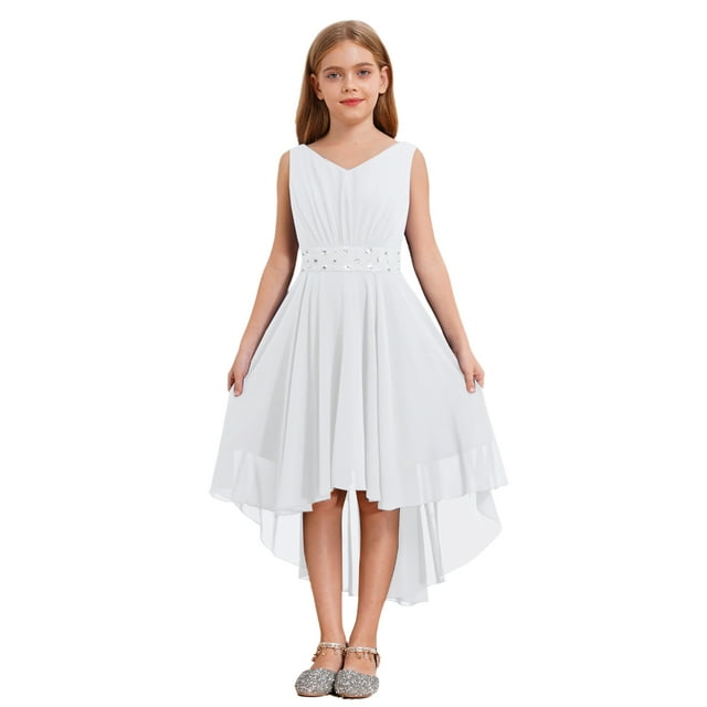 Riismen Robe de Demoiselle d'Honneur en Chiffon pour Filles, Sans Manches, Ourlet Haut-Bas, Robe de Fête d'Anniversaire, Blanche 14