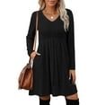 thumbnail image 3 of Women's Dress Long Sleeve V-Neck High Waist Elastic Ribbed Striped with Pocket Midi Dress for Spring Fall Casual,Black,XL, 3 of 7