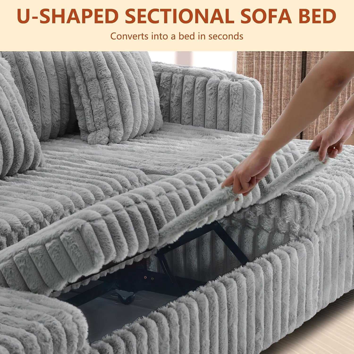 Howcool 107" U Shaped Sectional Sleeper Sofa, Pull Out Couch with Storage Chaise, Adjustable Backrest, USB Charger, Cup Holders & Side Pockets, Corduroy Sofa Bed for Living Room, Light Gray