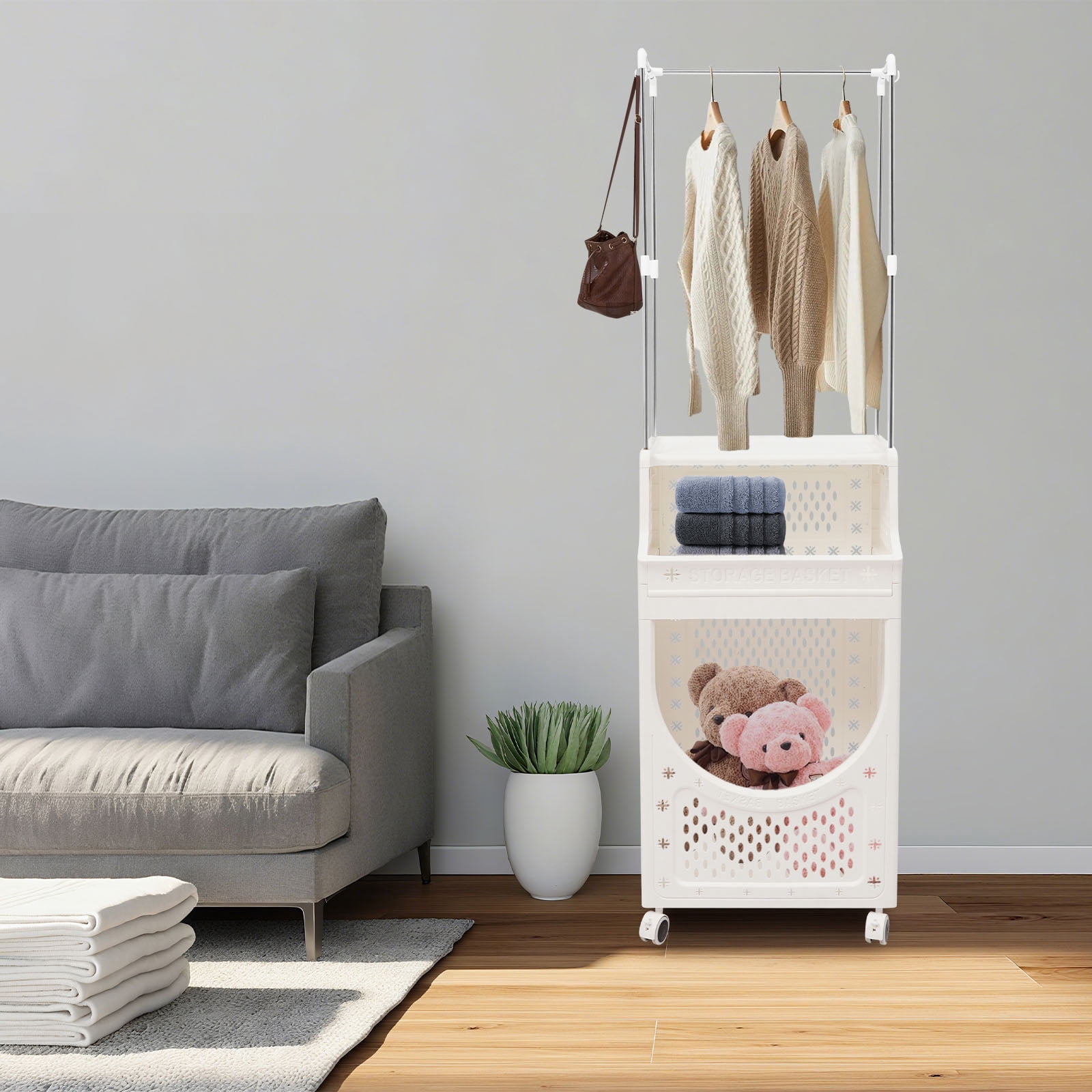 3-Tier Laundry Basket with Wheels Laundry Hamper Cart with Clothes Rack Dirty Clothes Hamper for Bathrooms