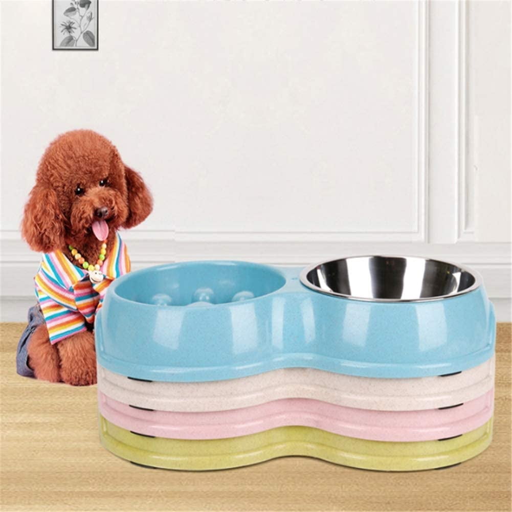 Double Pet Dog Slow Feeder Bowl,Stainless Steel Anti-Choke Puppy Food and Water Feeder for Dog Cats (Green)