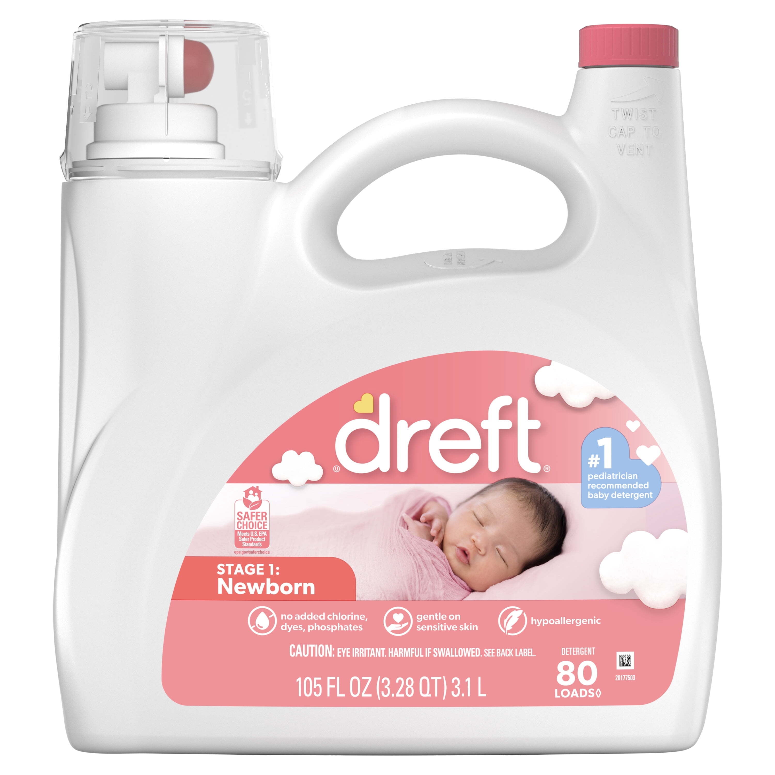 Dreft Newborn Baby Liquid Laundry Detergent, Sensitive Skin, Hypoallergenic, 80 Loads, 105 fl oz