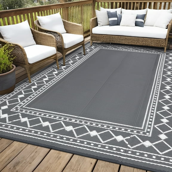 HOMERRY Geometric Border Outdoor Rug Straw Plastic Area Rug for Balcony Pool RV Waterproof Reversible Carpet, White/Gray, 9'x 12'