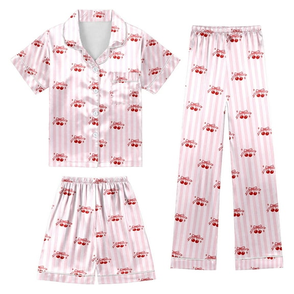 CAIXIA Girls Pajama Sets Size 10-12 3 Piece Soft Button Down Silk Pajamas Set Short Sleeve Long Pants and Shorts Girls Sleepwear Loungewear Sets Comfortable Nights,84-Pink