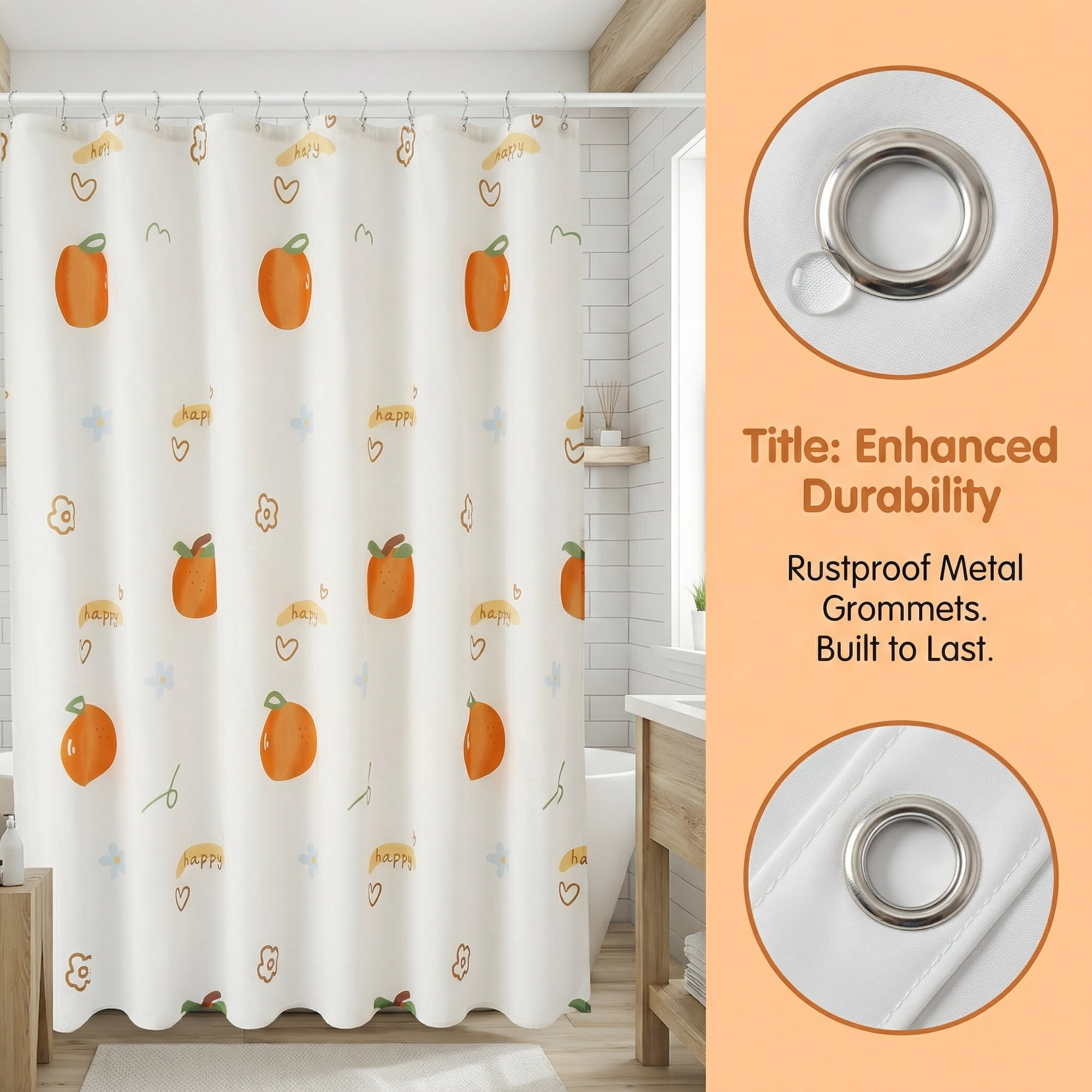 Unique Bargains Water-Resistant Printed Shower Curtain with 12 Hooks Orange 71"W x 71"L