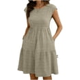thumbnail image 2 of Smsaxvxz Women's Summer Dress Fashion Solid Crew Neck Sleeveless Sundress Casual Loose Flowy Hem Knee Length T-Shirt Mini Dress Khaki L, 2 of 8