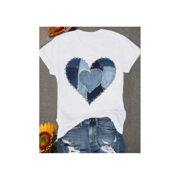 Women's Casual T-Shirt - Heart Denim Print Design, 100%, Short Sleeves, Crew Neck, Machine Washable - Perfect for All Seasons