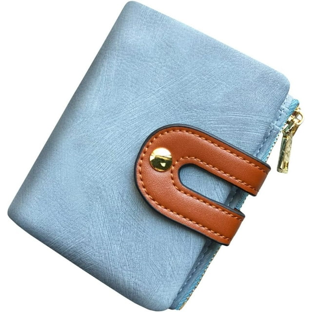 1pc Women's Anti-Theft Compact Bi-fold Genuine Leather Wallet — Mini Zipper Coin Purse with ID/Card Slots, Slim & Compact.,Blue,Small