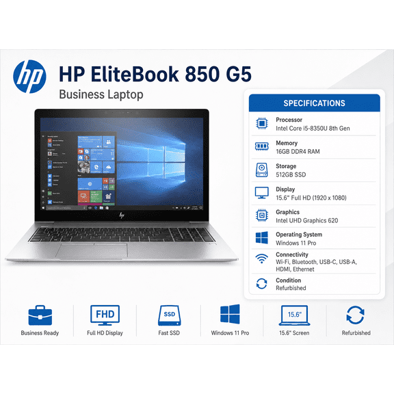 Restored HP EliteBook 850 G5 15.6" FHD Business Laptop, Intel Core i5-8350U 8th Gen, 16GB RAM, 512GB SSD, Intel UHD Graphics 620, Windows 11 Pro