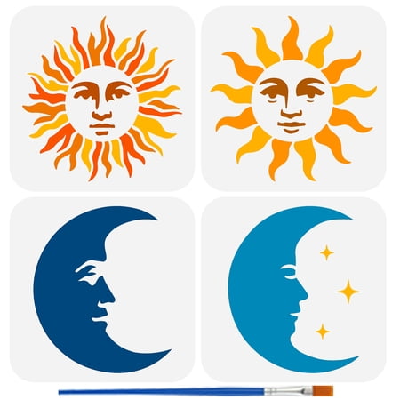 4 PCS Sun Moon Stencils Painting with Brush 5.9x5.9inch Reusable Sun Moon Face Template Hollowed Emoticon Stars Stencil Plastic Fantasy Theme Template