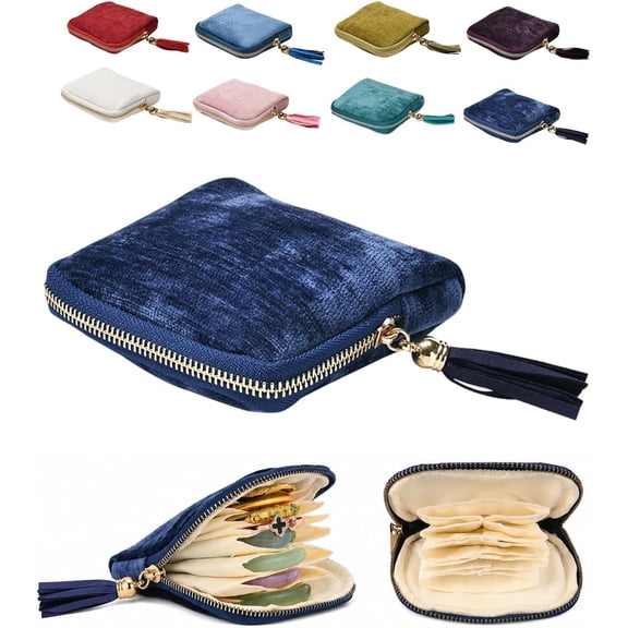 Jewelry Zippered Pocket Case Travel Jewelry Bag Portable Organizer, Small Pouch Box for Traveling, Soft Velvet Anti-Scratch Holder for Bangles, Bracelets, Earrings, Necklaces(Deep Blue)