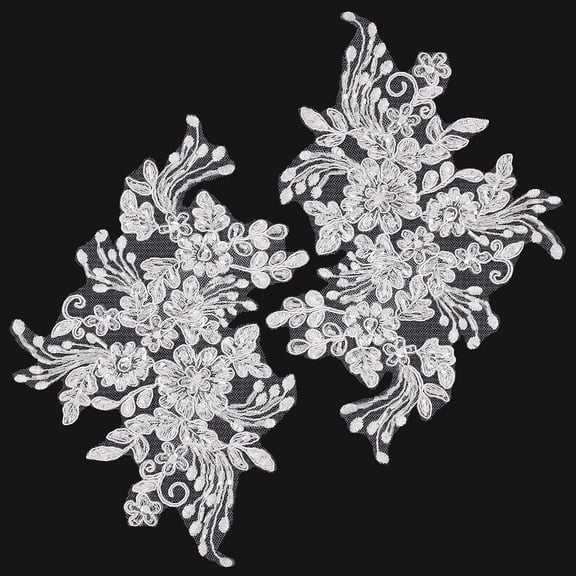 2Pcs Pearl Flower Embroidery Lace Patches 3D Floral White Floral Embroidered Sew on Appliques Lace Fabric Trimmings for DIY Headpiece Clothing Bridal Accessories Supply Craft DIY