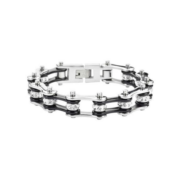 Heavy Metal Womens Silver Crystal Two Tone Motorcycle Bike Chain Bracelet (7.25)