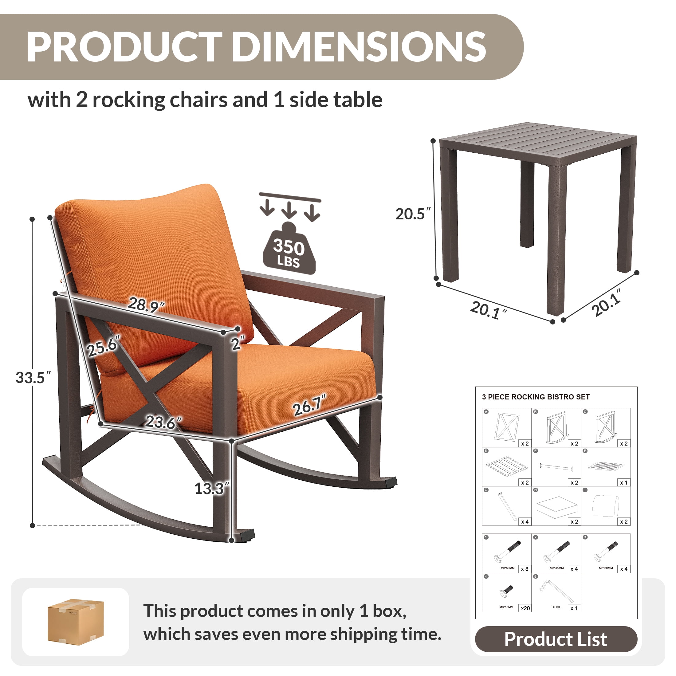 UDPATIO Rocking Chair Bistro Set, 3 Piece Outdoor Patio Furniture Set with 2 Rockers and 1 Metal Coffee Table with Thick Cushions for Porch, Backyard, Poolside, Orange