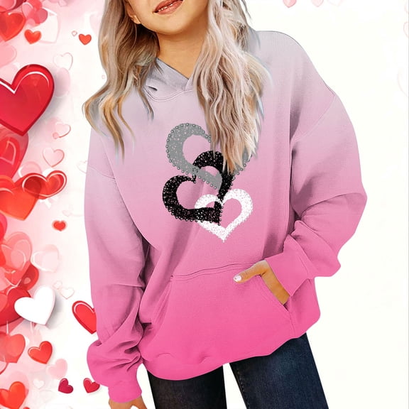 SGFCWSX Girls Oversized Heart Print Hoodie, Kids Gradient with Pocket Comfortable Soft Pullover Sweatshirt for Daily Casual Wear Hot Pink Size 7-8 Years