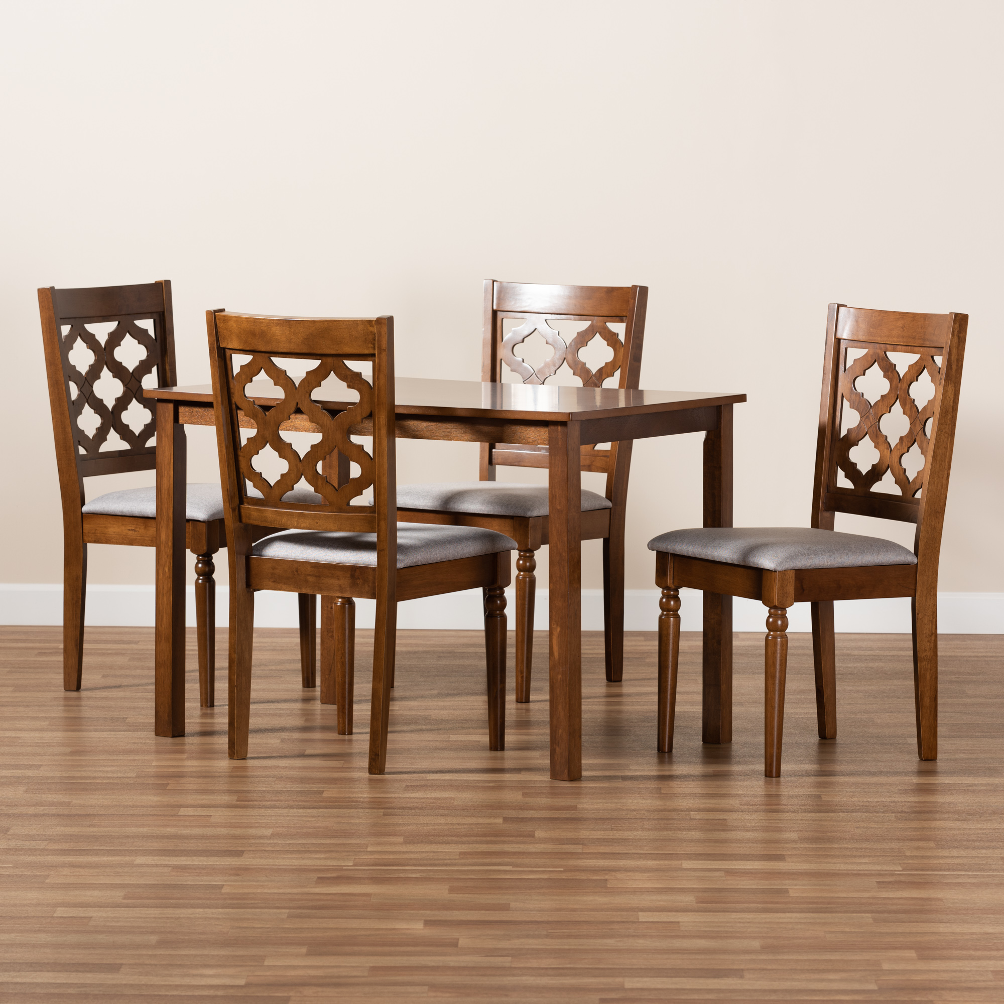 Baxton Studio Ramiro Modern and Contemporary Grey Fabric Upholstered and Walnut Brown Finished Wood 5-Piece Dining Set