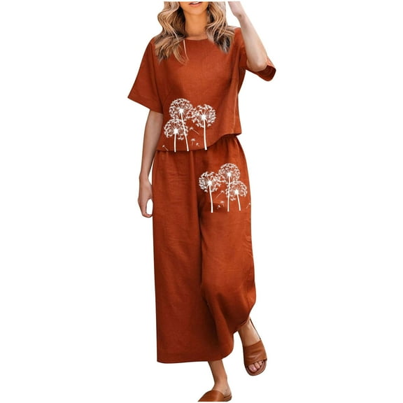 Plus Size Loungewear Sets for Women Printing Short Sleeve Tops Wide Leg Pants Outfits Winter Casual Loose Cotton Linen 2 Piece