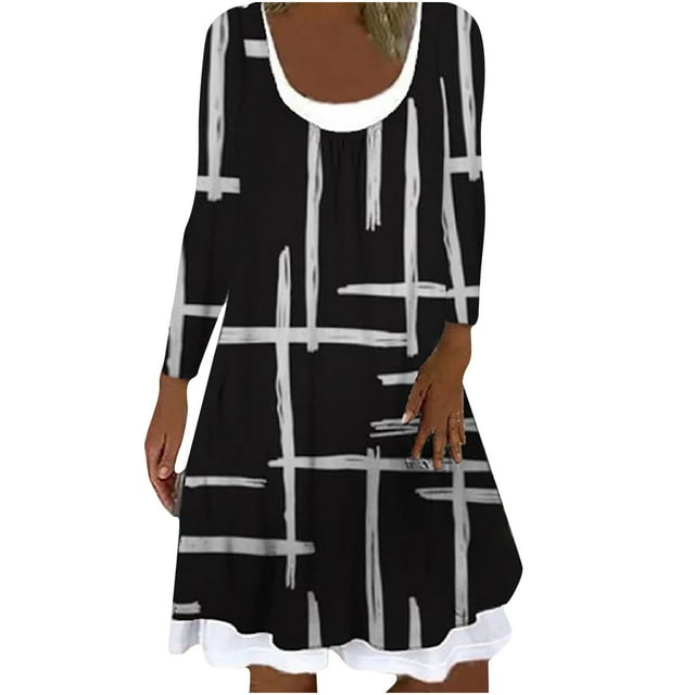 Moda mujer Atume Casual manga larga cuello redondo mariposa empalme vestido estampado Pompotops hdfakjf123
