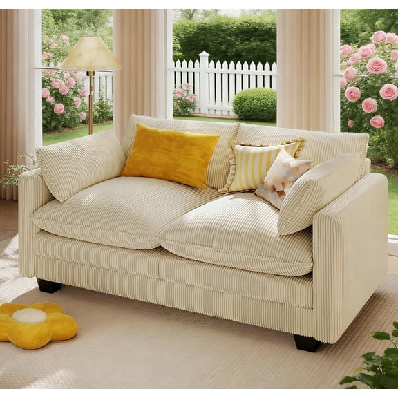 75” Cloud Loveseat, 2-Seater Modern Overstuffed Sofa with Double Layer High-Resilience Cushion, Removable Washable Corduroy for Living Room & Small Spaces, Beige