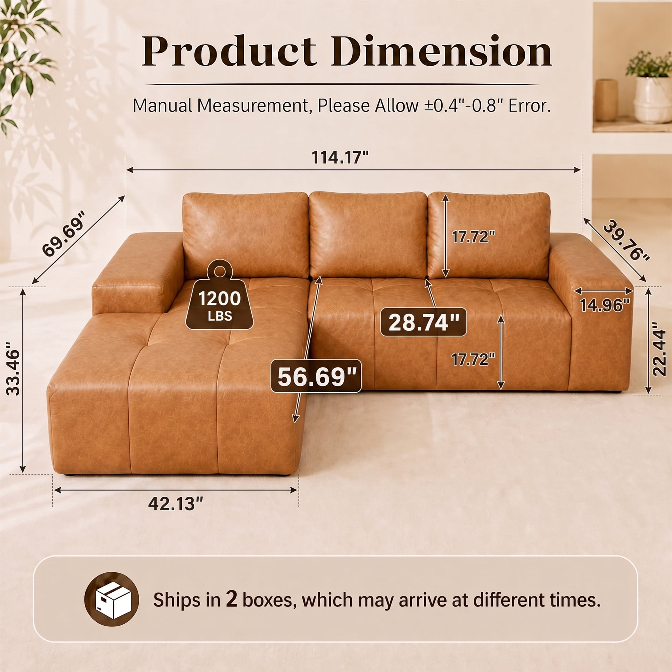 Aenkyo 114" Faux Leather L-Shaped Sectional Sofa with Left Hand Chaise, Boneless Modular Couch, Ginger