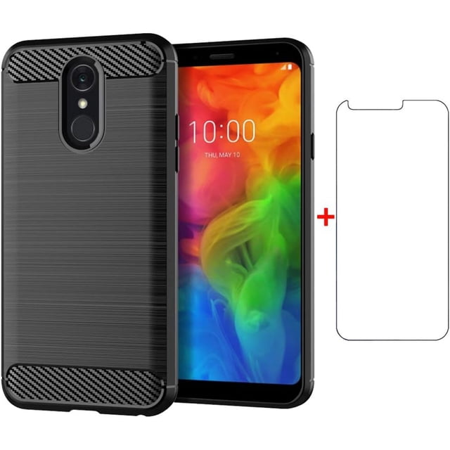 MYKOMI Phone Case for LG Q7 Q7+ Plus 7Q Alpha with Tempered Glass Screen Protector Cover and Slim Thin Soft TPU Mobile Rugged Cell Accessories Protective LGQ7+ Q7plus Q7a Women Men Carbon Fiber Black