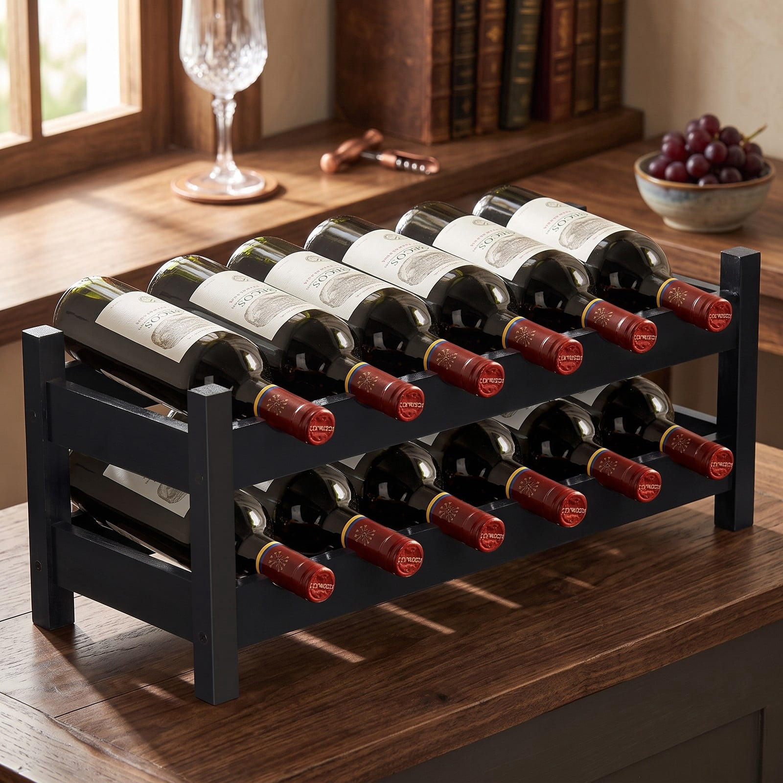 RUIE 2-Tier Bamboo Wine Rack, 12-Bottle Freestanding Countertop Storage Shelf for Kitchen Pantry Bar Wine Cellar, Space-Saving Wooden Bottle Holder Display, Black